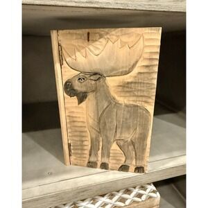 Vintage Wooden Carved Etched Moose Book Clipboard Glass Eye